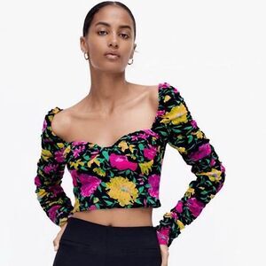 ZARA Printed Floral Top Black Crop Blouse Sweetheart Neckline Shirt Size S